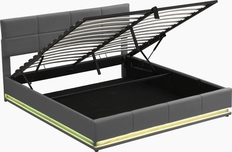 Merax Gestoffeerd Bed 180x200 cm met Hydraulische Opbergruimte – Kunstleer -– Tweepersoonsbed met LED Verlichting en Verstelbaar Hoofdbord – Grijs