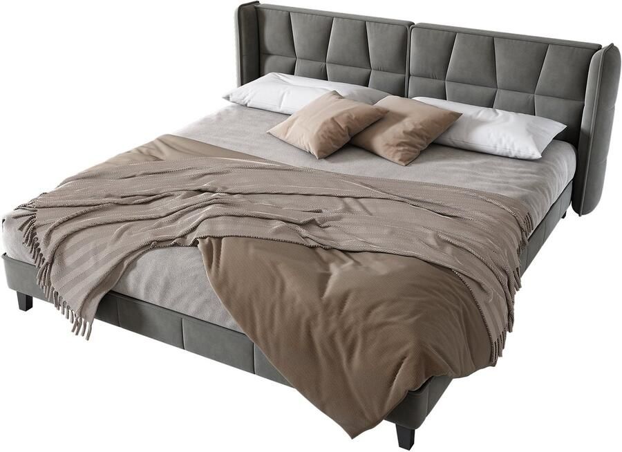 Merax 180x200 cm Gestoffeerd Kingsize Bed met Hoofdbord Houten Lattenbodem en Eenvoudige Montage Grijs Velvet Geschikt voor Volwassenen en Tieners