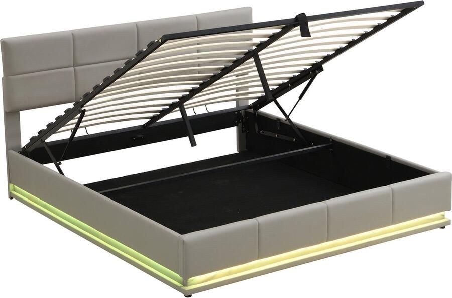 Merax Gestoffeerd Bed 180x200 cm met LED Verlichting Hydraulisch Verstelbare Opbergruimte Kunstleer in Cementgrijs Geschikt voor Volwassenen en Tieners