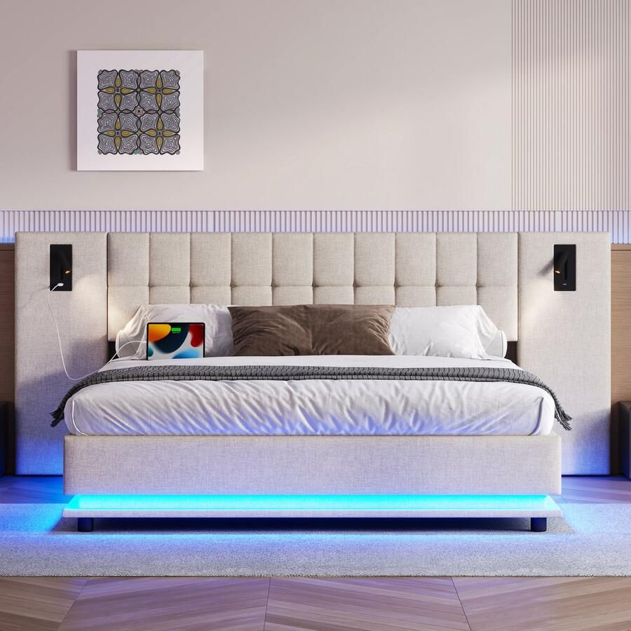 Merax Gestoffeerd bed 180x200 cm met LED-verlichting met gestippeld hoofdeinde met USB zonder matras beige