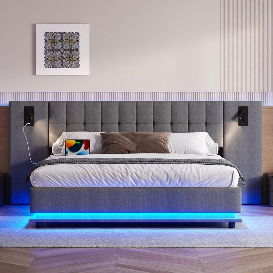 Merax Gestoffeerd bed 180x200 cm met LED-verlichting met gestippeld hoofdeinde met USB zonder matras grijs