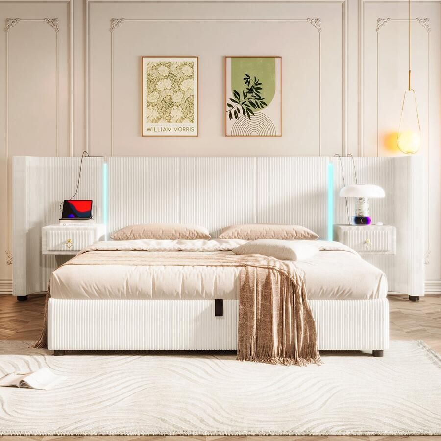 Merax Gestoffeerd bed 180x200 cm met LED-verlichting opbergruimte 2 lades zonder matras met USB TYPE-C fluweel beige