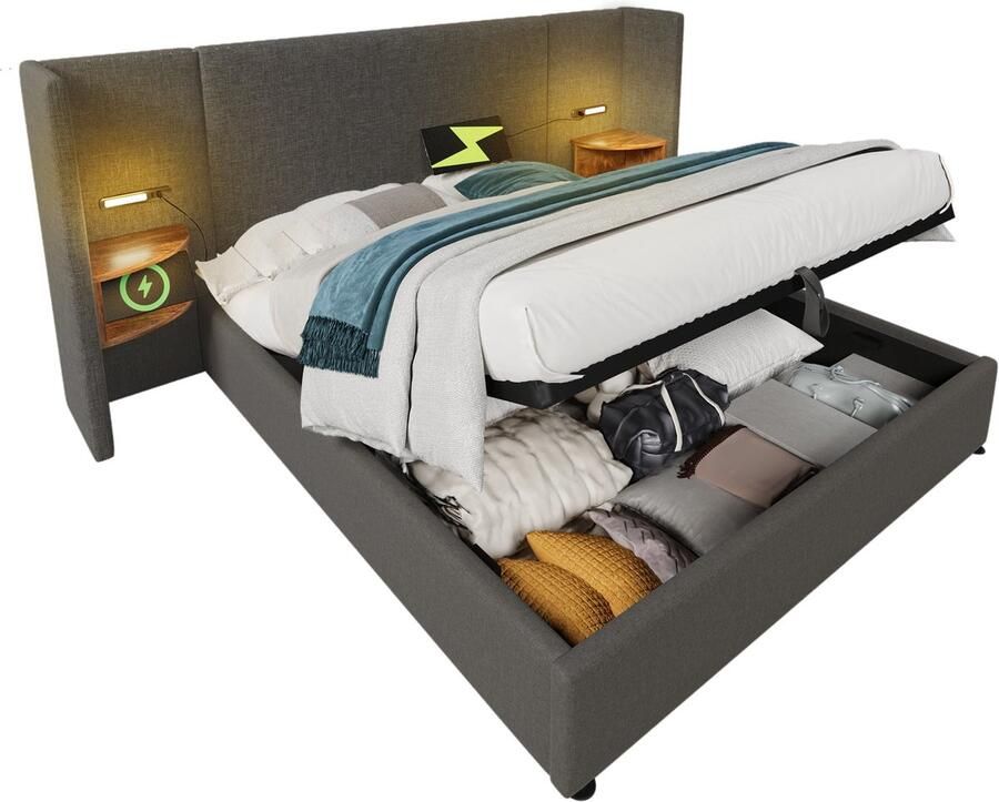 Merax Polsterbett Doppelbett 160×200 mit Nachttisch Leselampe und USB Type-C Ladefunktion Bettanlage Stauraumbett Bettgestell mit Lattenrost aus Massivholz und Metall Grau Leinen(Ohne Matratze)
