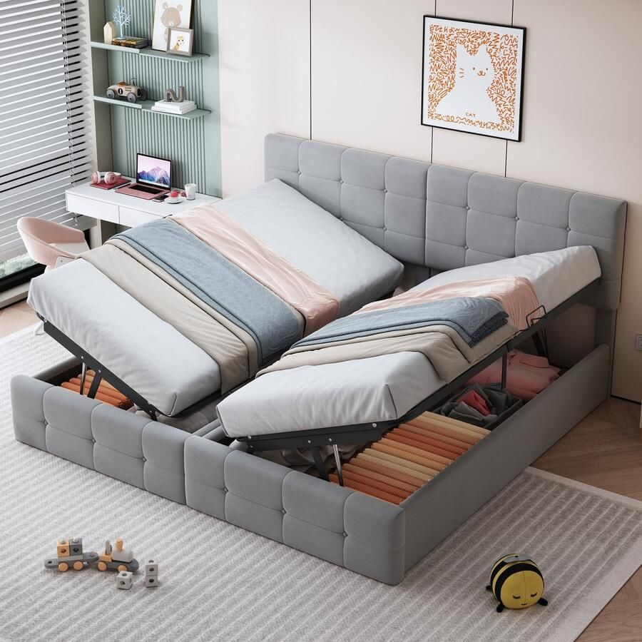 Merax Gestoffeerd bed 180x200 cm met opbergruimte Multifunctioneel tweepersoonsbed grijs zonder matras