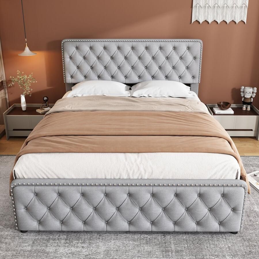 Merax Gestoffeerd Bed 180x200 cm Opbergbed met Opbergruimte Tweepersoonsbed met 4 Lades Verstelbaar hoofdeinde Grijs Zonder matras