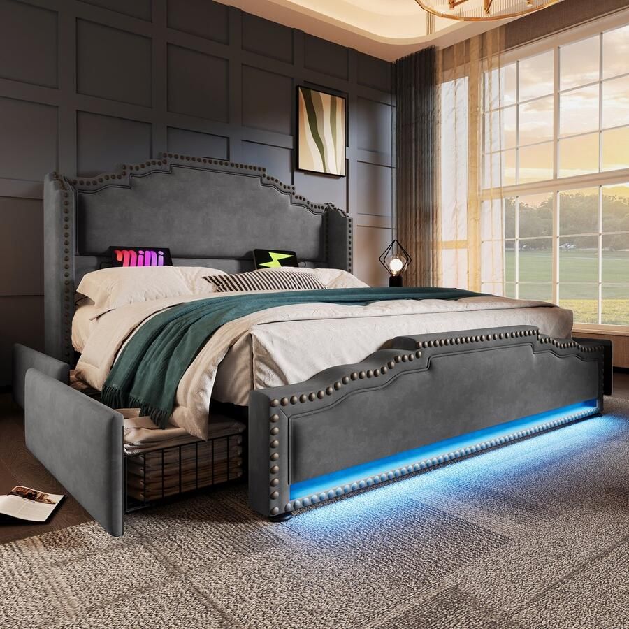 Merax Gestoffeerd bed 180x200 cm tweepersoonsbed met 4 lades LED-verlichting en USB-C oplaadpoort met opbergruimte grijs zonder matras