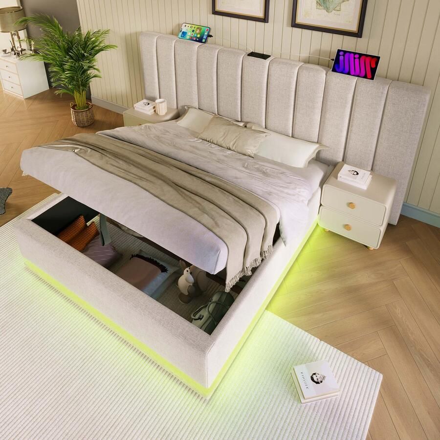 Merax Gestoffeerd bed 180x200 cm tweepersoonsbed met opbergruimte met LED-verlichting en opladen via USB-C linnengoed beige zonder matras en nachtkastje
