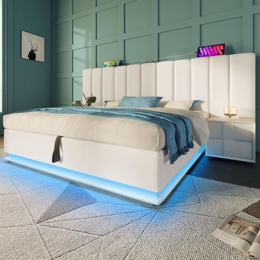 Merax Gestoffeerd bed 180x200 cm tweepersoonsbed met opbergruimte met LED-verlichting en opladen via USB-C PU wit zonder matras en nachtkastje