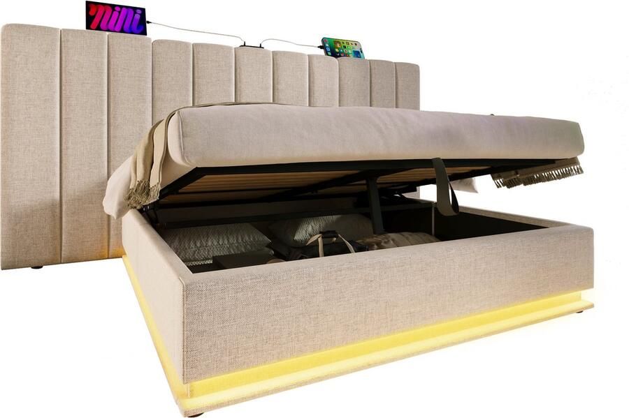 Merax Gestoffeerd Bed met Hydraulische Opbergruimte USB-C Lader en App-Controlled LED Verlichting – 160x200 cm – Beige – Linnen Exclusief Matras en Nachtkastje - Foto 2