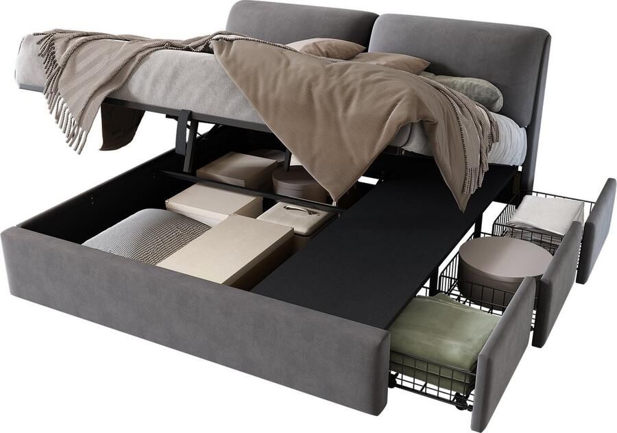 Merax Gestoffeerd Bed 180x200cm Hydraulisch Bed met 3 Lades en Opbergbox Lattenbodem met Hoofdbord Zonder Matras Grijs Fluweel
