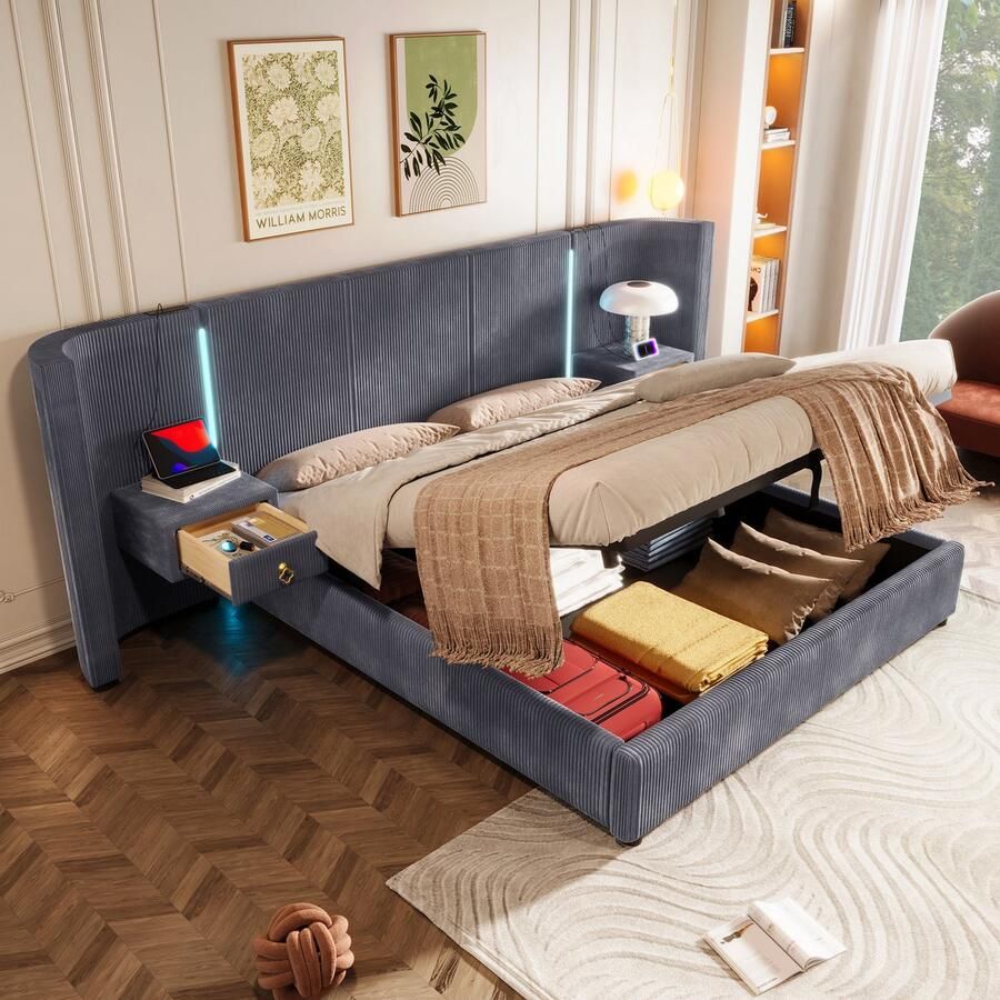 Merax Gestoffeerd bed 180x200cm met LED-verlichting opbergruimte 2 lades zonder matras met USB TYPE-C FLUWEEL GRIJS