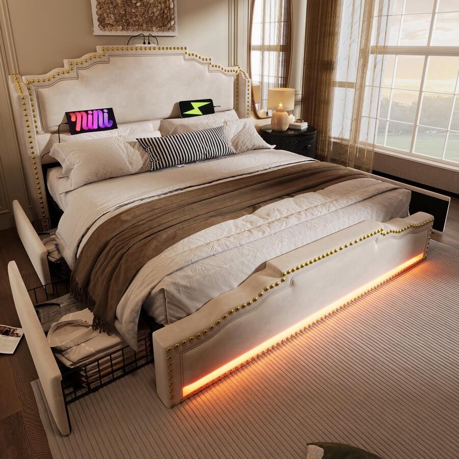 Merax Gestoffeerd bed 180x200cm tweepersoonsbed met 4 lades LED-verlichting en USB-C oplaadpoort met opbergruimte jeugdbed beige geen matras
