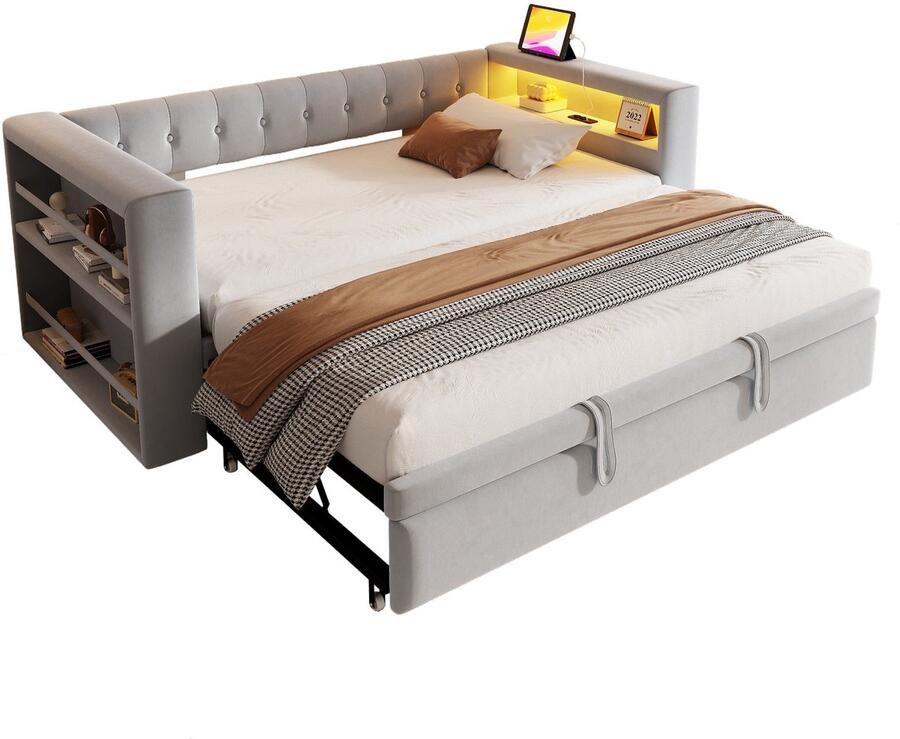 Merax Gestoffeerd Bed 90-180x190 cm met LED Verlichting Steckdosen en Veel Opbergruimte Multifunctioneel Slaapbank Enkelbed Lichtgrijs