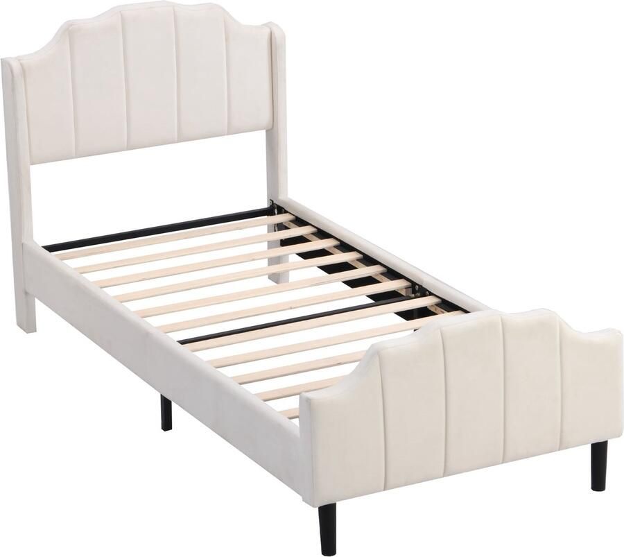 Merax Gestoffeerd Bed 90 x 200 cm Bedframe met Hoofdbord Voetbord en Houten Lattenbodem Luxe Fluweel Beige Kinderbed Jeugd bed Logeerbed
