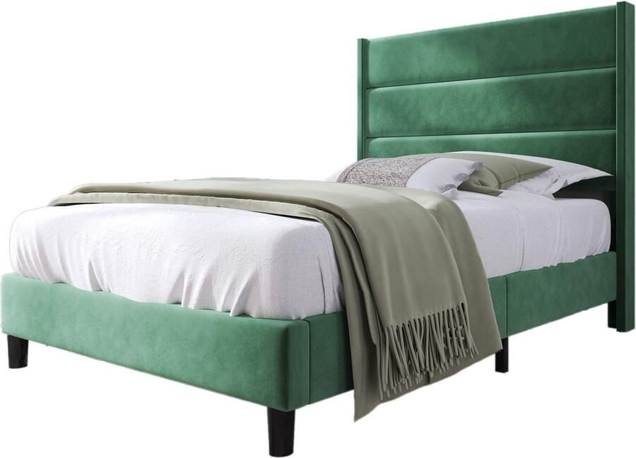 Merax Gestoffeerd Bed 90 x 200 cm – Bedframe met Lattenbodem en Hoofdeinde – Fluweel Stof in Donkergroen – Modern en Tijdloos Design
