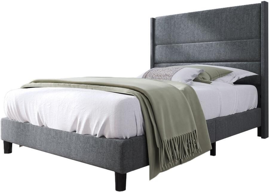 Merax Gestoffeerd Bed 90 x 200 cm – Bedframe met Hoofdbord en Houten Lattenbodem – Grijs Linnen Bekleding – Modern Design voor Jeugd- en Logeerkamers