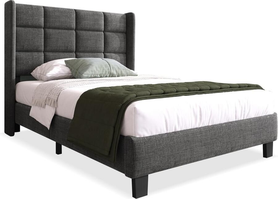 Merax Gestoffeerd Bed met Hoofdbord en Houten Lattenbodem 90 x 200 cm Grijs Linnen Zonder Matras