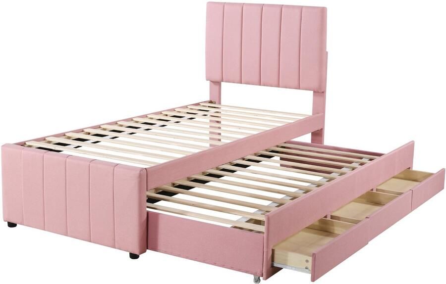 Merax Gestoffeerd Kinderbed 90x200 cm met Extra Uitschuifbaar Eenpersoonsbed en Opberglades – Roze – Tienerbed met Verstelbaar Hoofdbord - Foto 2