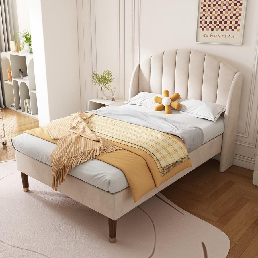 Merax Gestoffeerd bed 90 x 200 cm mit Lattenrost und Kopfteil Jugendbed Eenpersoonsbed Beige