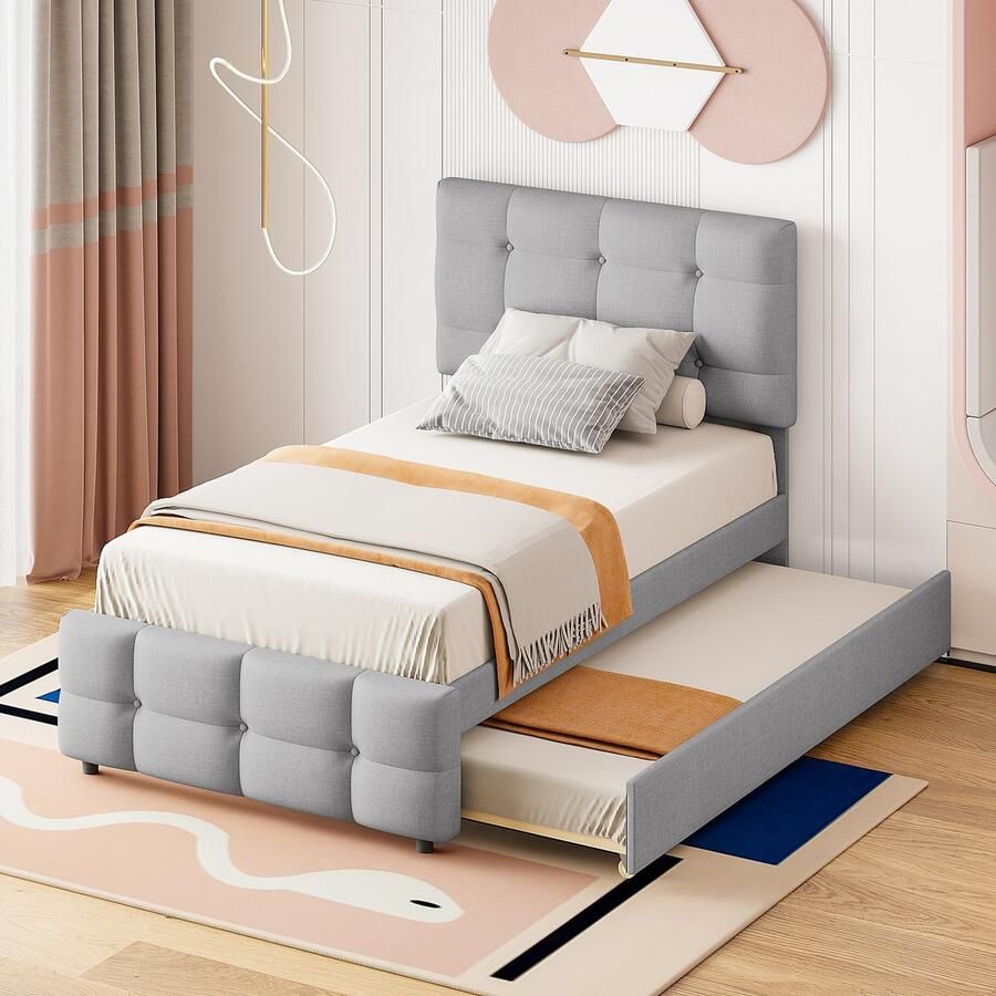 Merax Gestoffeerd bed 90 x 200 cm uitschuifbaar bed verstelbaar hoofdeinde eenpersoonsbed grijs zonder matras