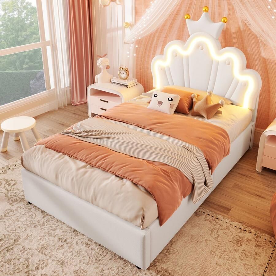 Merax Gestoffeerd bed 90 x 200 cm zonder matras met LED-verlichting kroonprinsessenbed verstelbaar hoofdeinde PU wit