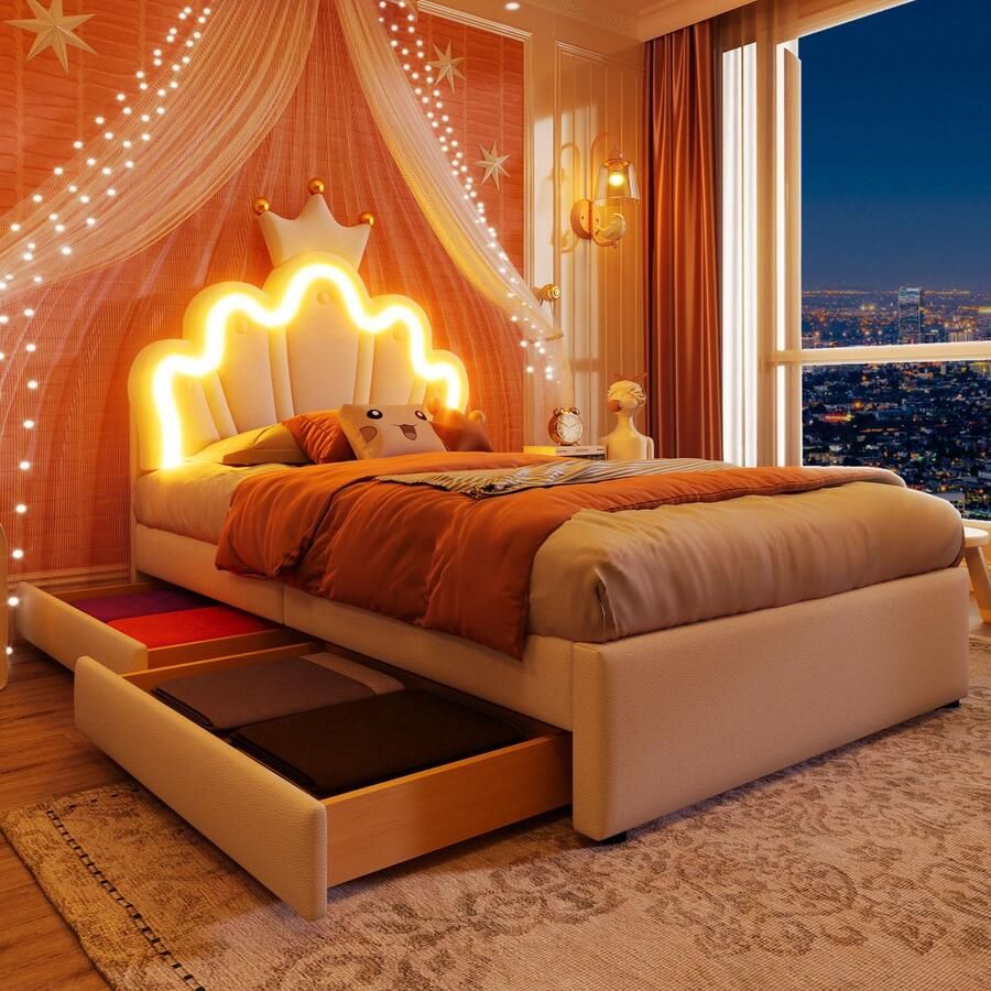 Merax Gestoffeerd bed 90 x 200cm zonder matras op afstand bedienbaar sfeerlicht Prinsessenbed in kroonvorm Verstelbaar hoofdeinde PU Wit