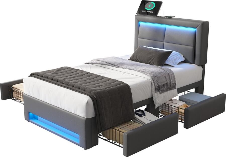 Merax Gestoffeerd Bed 90x200 cm met USB Aansluiting Eenpersoonsbed met LED Verlichting en 4 Opberglades Kunstleer Grijs