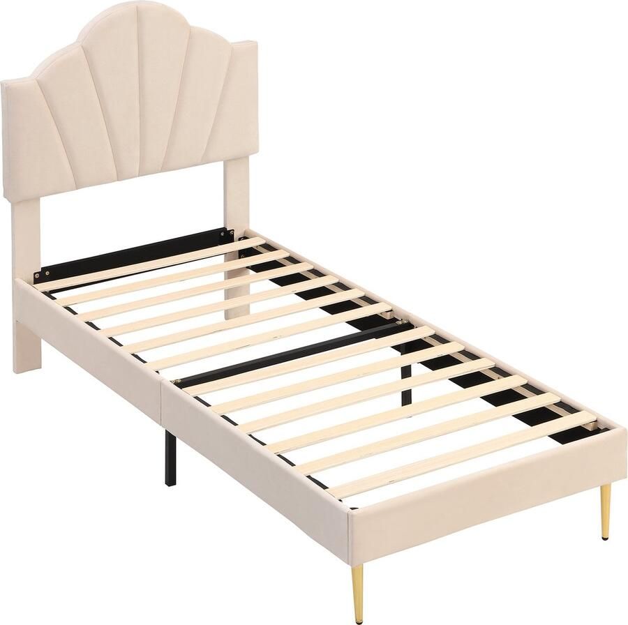 Merax Fluwelen Bed 90x200 cm inclusief Bedhocker – Beige Gestoffeerd Eenpersoonsbed met Schelpvormig Hoofdbord en Gouden Poten – Verstelbaar Hoofdeinde - Foto 2