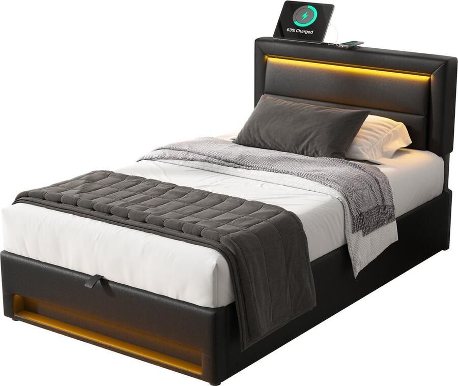 Merax Gestoffeerd Bed 90 x 200 cm met USB-aansluiting (draadloos en bedraad opladen) LED-verlichting en opbergruimte PU-Litschi patroon Zwart (zonder matras)