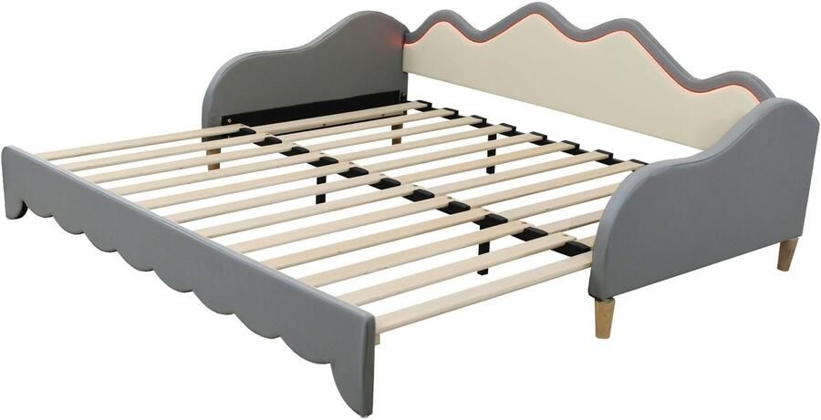 Merax Gestoffeerd Bed 90(180) x 190 cm – 2-in-1 Multifunctionele Slaapbank – Kinderbed van Kunstleer met LED Verlichting en Lattenbodem – Grijs - Foto 2