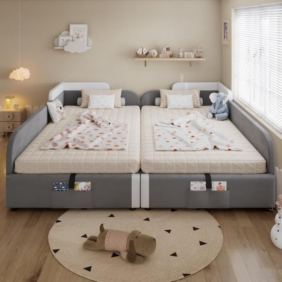 Merax Gestoffeerd bed 90x200 cm 2 stuks gecombineerde kinderbed met opbergruimte verhoogde zachte omheining grijs zonder matras