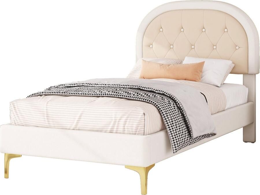 Merax Gestoffeerd Bed 90x200 cm – Bed met Lattenbodem & Gebogen Hoofdbord – Gouden Metalen Poten – Beige Fluweel – Minimalistisch Design