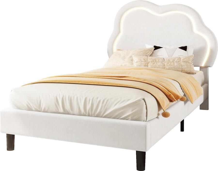 Merax Gestoffeerd Bed 90x200 cm Bed met Lattenbodem (zonder Matras) Verstelbaar Hoofdbord LED Verlichting met Afstandsbediening Minimalistisch Design Beige Fluweel