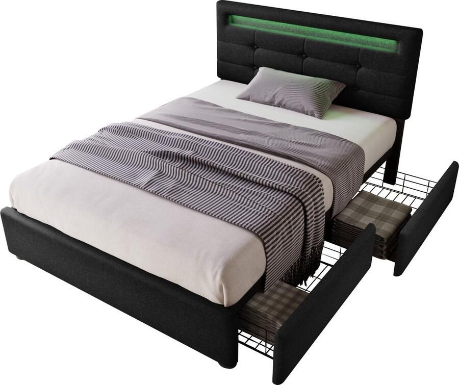 Merax Gestoffeerd Eenpersonsbed met LED-Verlichting en 2 Opberglades 90x200 cm Bed met Verstelbaar Hoofdbord Zwart