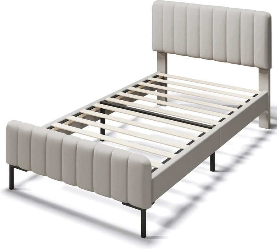 Merax Gestoffeerd Bed 90x200 cm – Eenpersoonsbed met Lattenbodem en Verstelbaar Hoofdbord Inclusief Matras Grijs-Beige