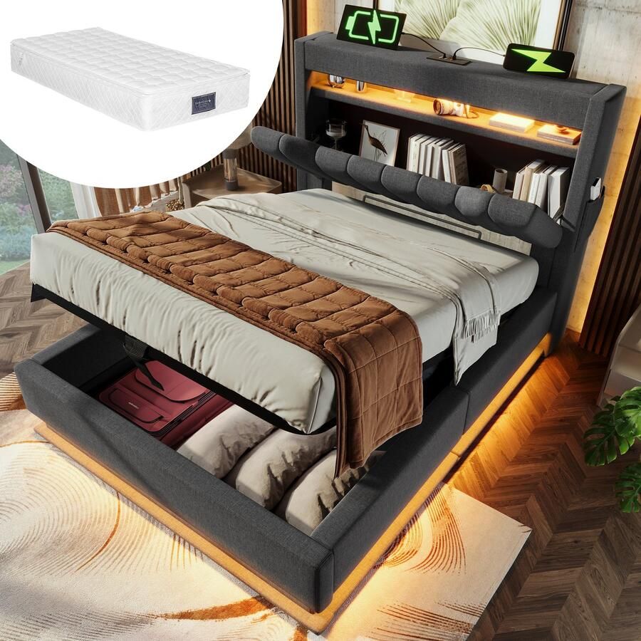 Merax Gestoffeerd bed 90x200 cm Eenpersoonsbed met USB- en Type-C-poorten LED-verlichting met opbergruimte grijs met matras