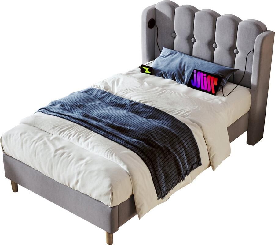 Merax Gestoffeerd Bed 90x200 cm Eenpersoonsbed met USB Type-C Oplaadfunctie en Lattenbodem Grijs Linnen Zonder Matras