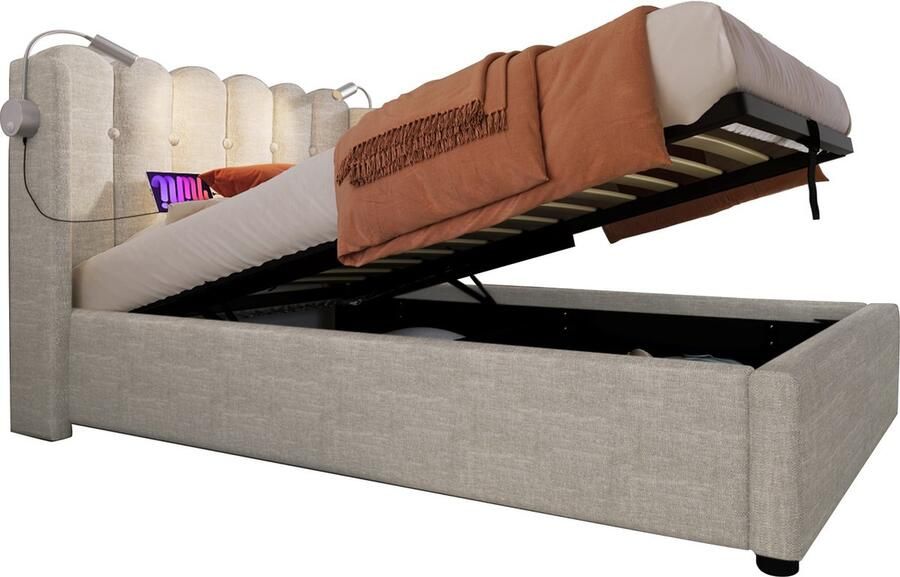 Merax Gestoffeerd Eenpersoonsbed 90x200 cm met Leeslamp en USB Aansluiting Luxe Bed met Opbergruimte in het Hoofdbord Linnen Bedframe Beige