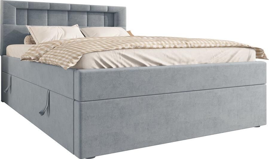 Merax Gestoffeerd Bed 90x200 cm Fluwelen Bed met LED-Verlichting Verstelbaar Hoofdbord en Opbergruimte Minimalistisch Design Grijs - Foto 2