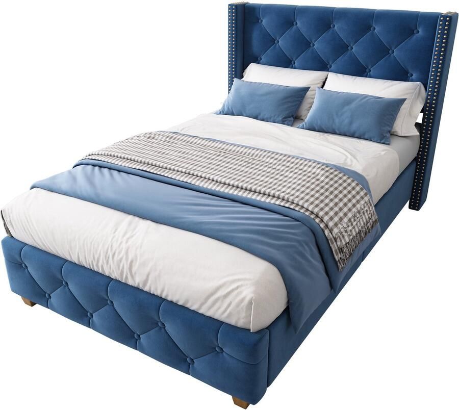 Merax Gestoffeerd Bed 90x200 cm – Fluweel Blauw – Luxe Design met Knopen en Nieten – Houten Lattenbodem