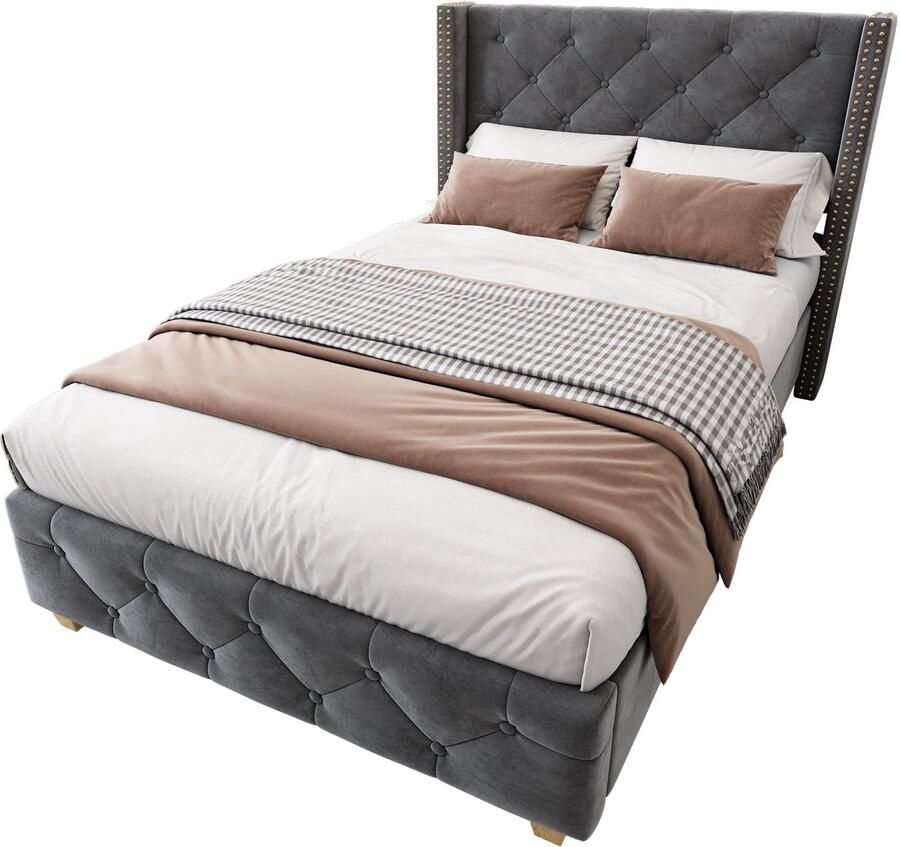 Merax Gestoffeerd Bed 90x200 cm met Hoofdbord – Fluweel Eenpersoonsbed in Knopenpatroon met Houten Poten – Grijs