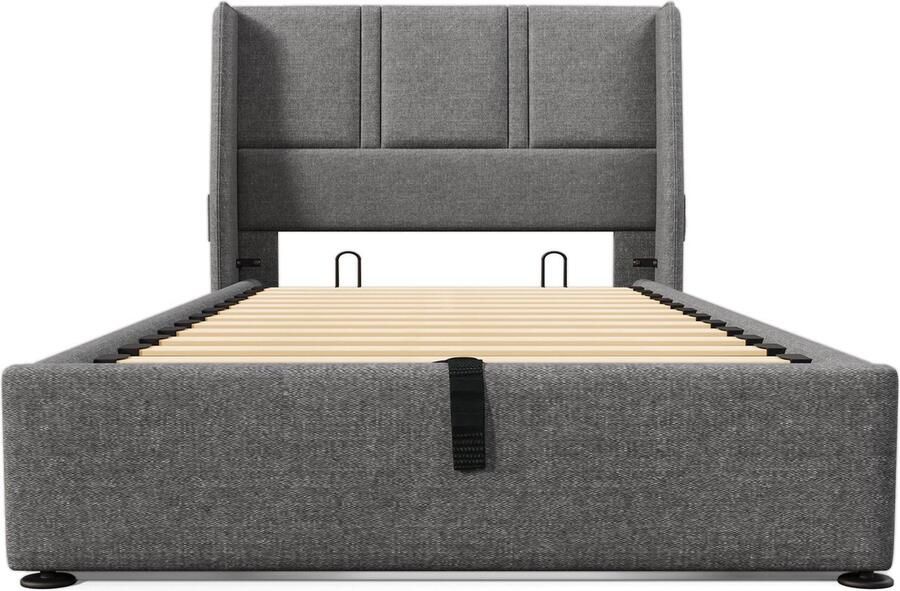 Merax Gestoffeerd Opbergbed 90x200 cm met USB Type-C Oplaadpoorten Hydraulisch Bedframe met Linnen Bekleding en Houten Lattenbodem Grijs (Inclusief Matras)