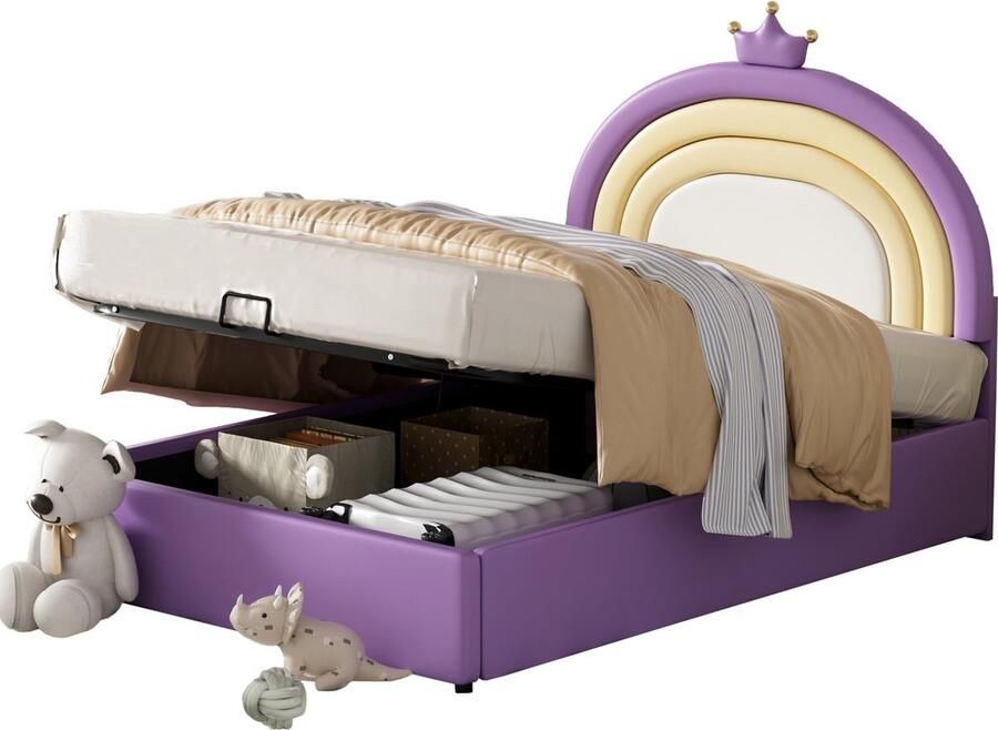 Merax Gestoffeerd Bed 140x200 cm met Hydraulisch Lattenbodem en Verstelbaar Hoofdbord – Roze PU Bed voor Jongeren en Volwassenen