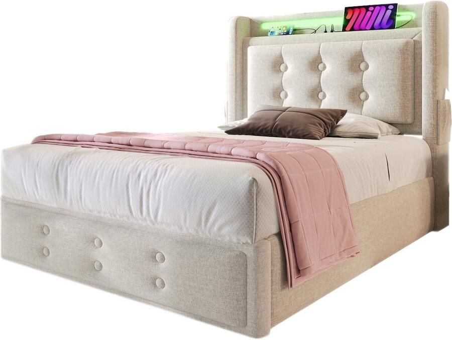 Merax Gestoffeerd Bed 90x200 cm Hydraulisch Bed met LED Hoofdbord en USB-C Oplaadfunctie Bed met Houten Lattenbodem en Metalen Frame Beige Katoen (Exclusief Matras)