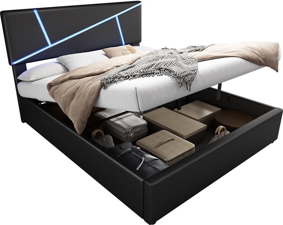 Merax Bequemes Polsterbett mit LED-Lichtleisten 90*200 cm Doppelbett mit Lattenrost Rückenlehne hydraulisches Funktionsbett Synthetisches Leder Schwarz - Foto 2