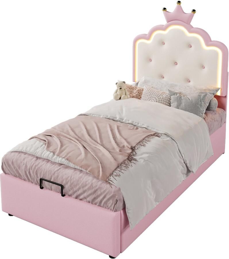 Merax Gestoffeerd Bed 90x200 cm – Inclusief Lattenbodem LED Verlichting met Afstandsbediening Prinsessenvorm Hydraulisch Bed met Opbergruimte – Kunstleer – Roze (Zonder Matras) - Foto 3