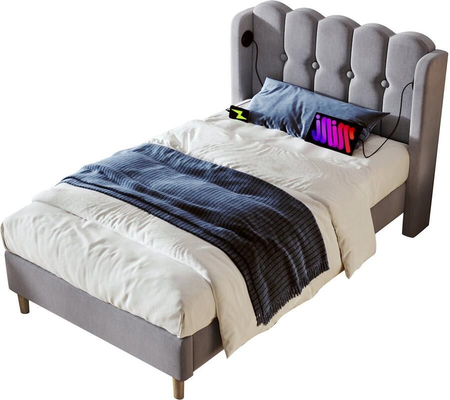 Merax Gestoffeerd Bed 90x200 cm – Inclusief Matras USB Type-C Oplaadfunctie Bedframe met Lattenbodem Linnen Bekleding – Grijs – Ideaal voor Slaapkamer & Logeerkamer