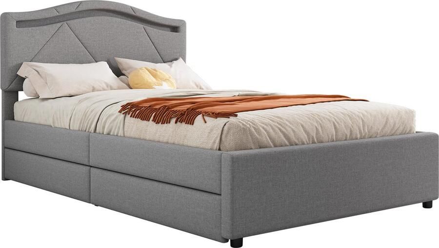 Merax Gestoffeerd Bed 90x200 cm – LED-verlichting 2 Schuiflades Verstelbaar Hoofdbord Inclusief Lattenbodem Minimalistisch Design Grijs