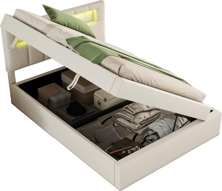 Merax Gestoffeerd Bed 90x200 cm met Ambientelicht Opbergruimte en Hefmechanisme Minimalistisch Design Beige Linnen (Zonder Matras)