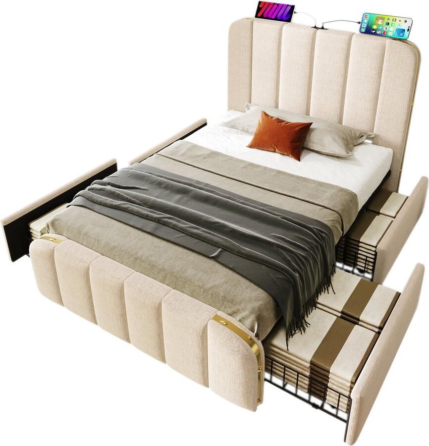 Merax Gestoffeerd Bed 90x200 cm met Hoofdbord en Gouden Strepen USB Type-C Laadfunctie en 4 Schuifladen Beige Linnen (Zonder Matras)